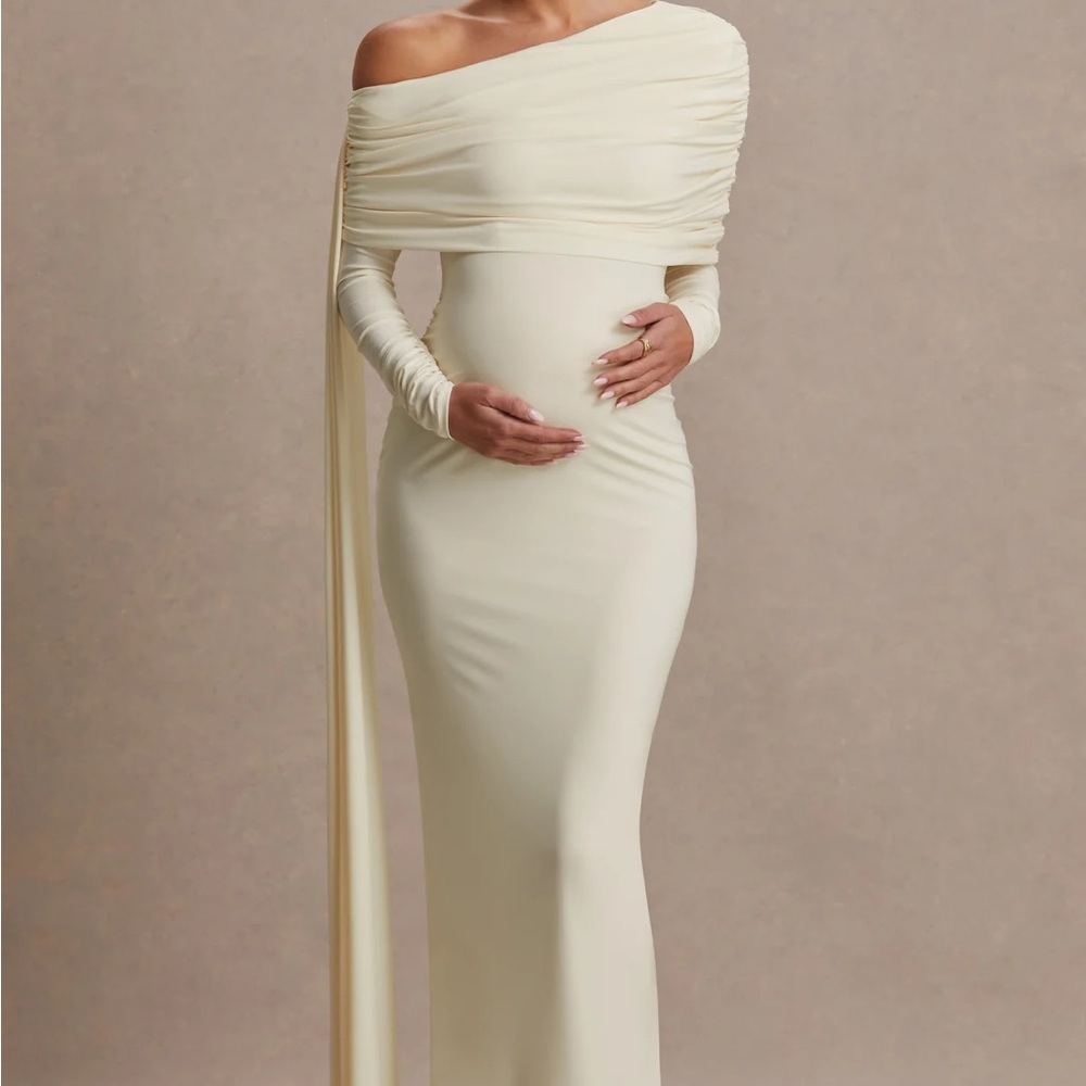 CYRA
Cream Asymmetric-Neck Maternity Maxi Dress With Sash